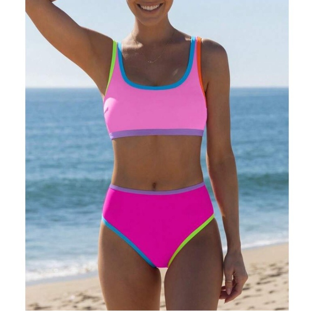 Popvil Women's Pink Color Block Cutout Back Strappy Tank Bikini Top Size M MWT‎